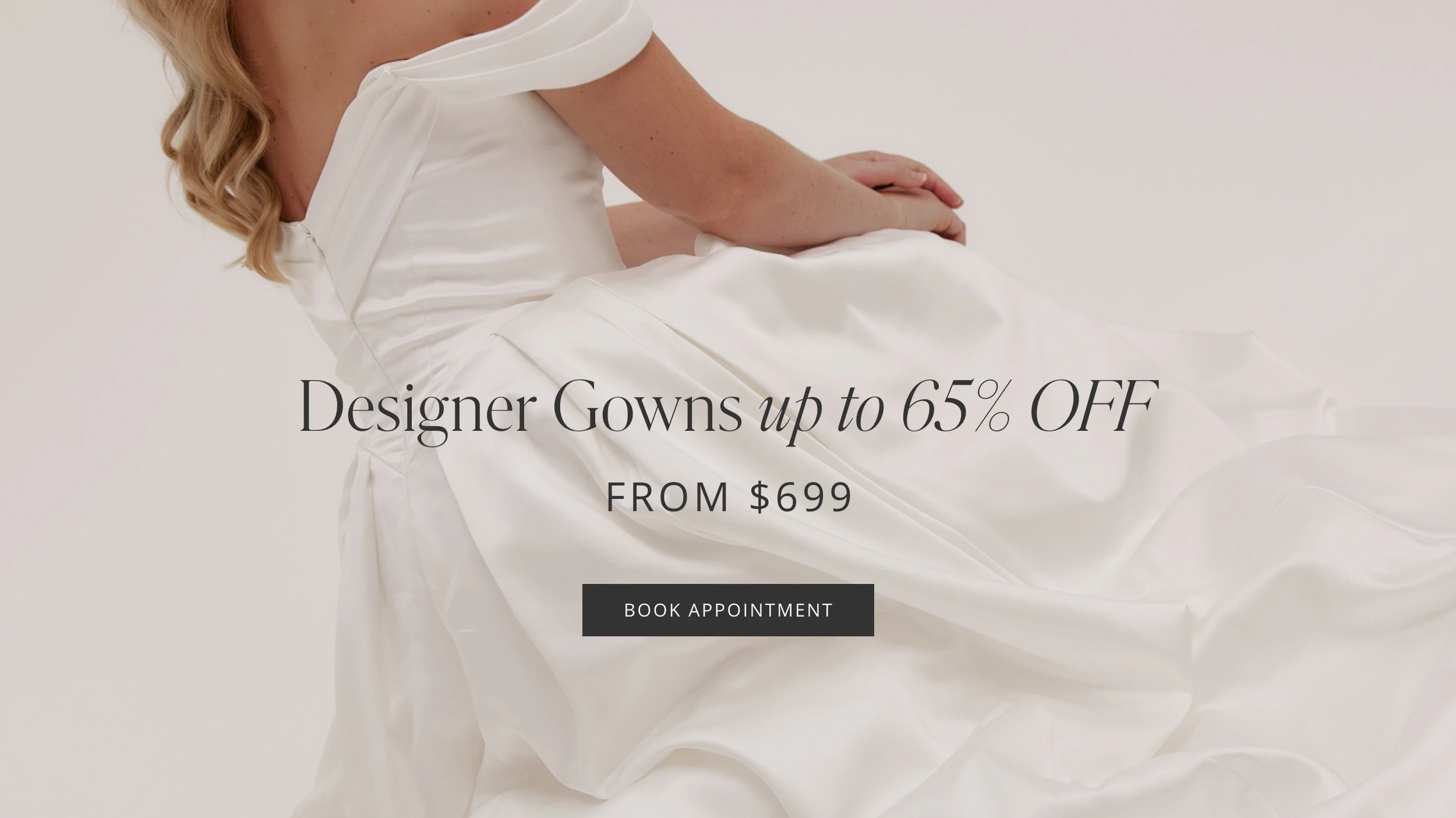 Model wearing bridal gown, designer gown sale desktop banner