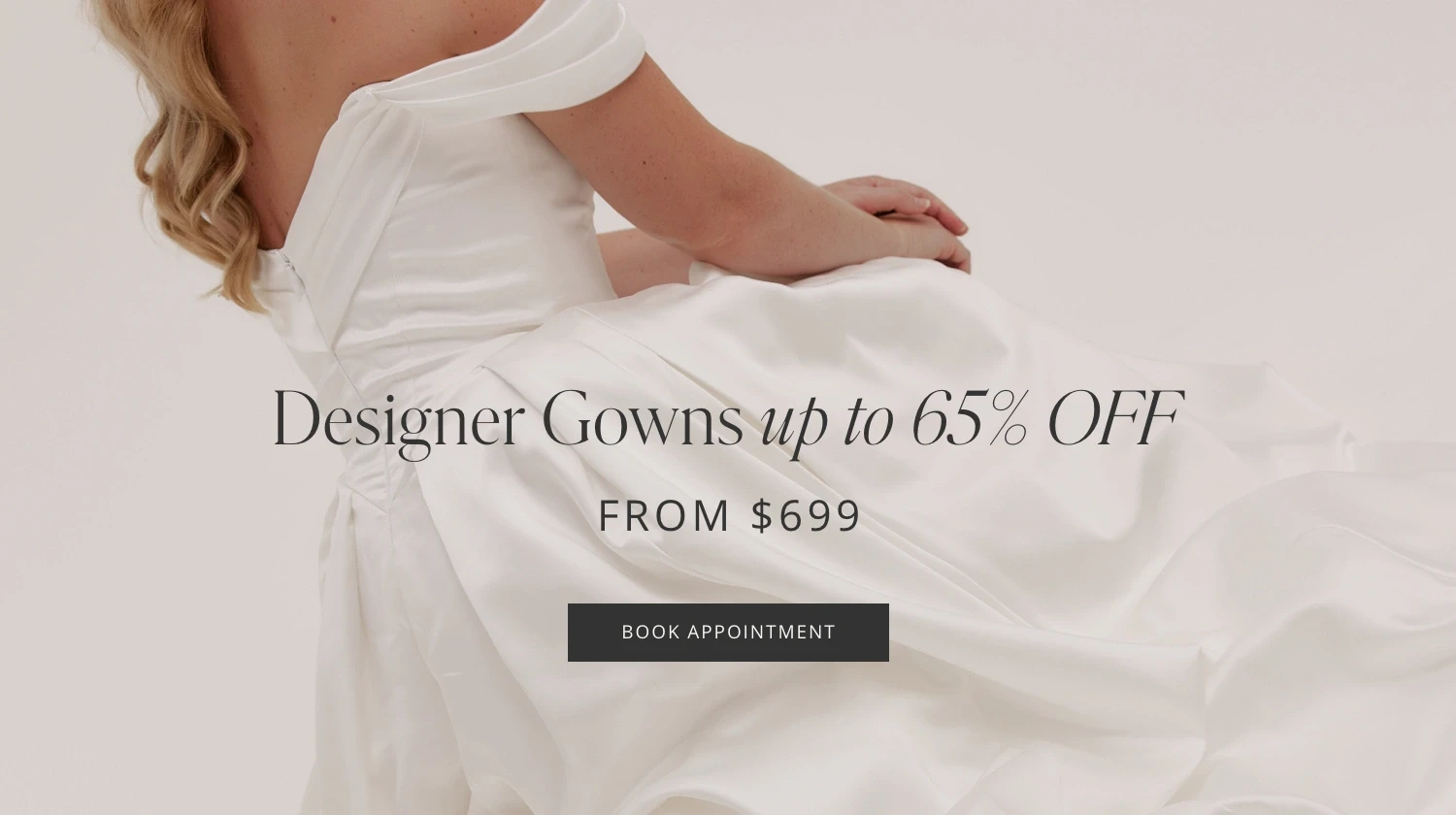 Model wearing bridal gown, designer gown sale mobile banner